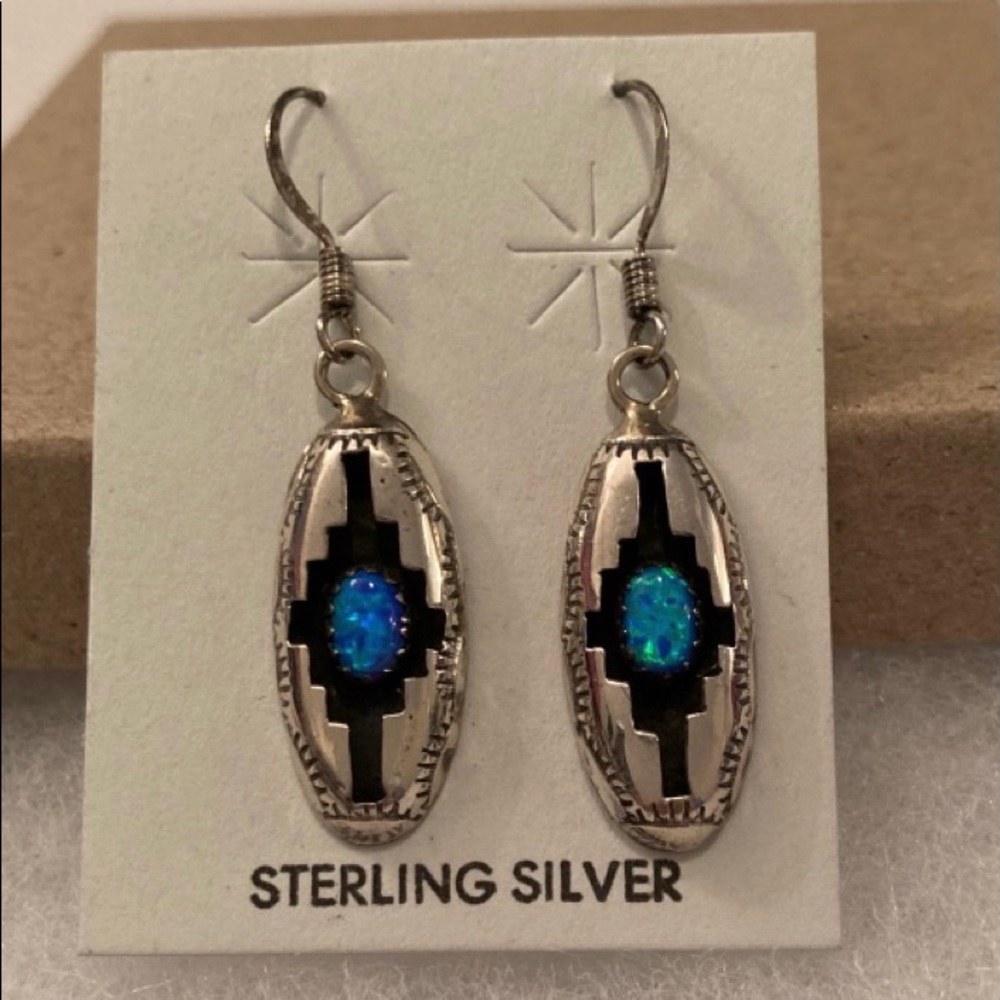 Navajo Handmade Sterling Silver Earrings w Opal - Picture 2 of 7